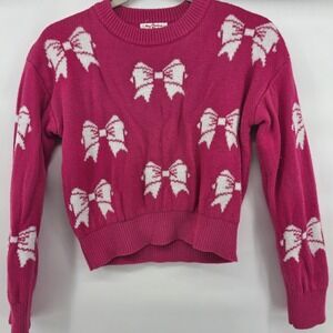 POOF NEW YORK Merry Christmas Bow Sweater Pink White Size S Small Cozy Knit crop